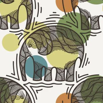 Seamless pattern with elephants crooked line on the background of colored spots Illustrazione stock