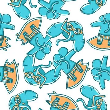 Seamless pattern of elephants in water in cartoon flat style. イラスト素材