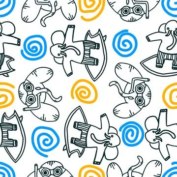 Seamless pattern of elephants in water in outline flat style. イラスト素材
