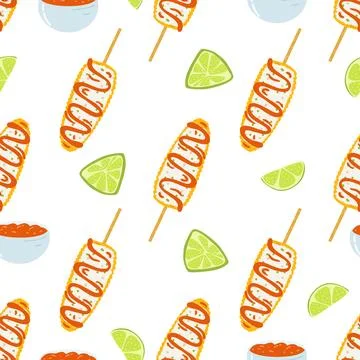 Seamless pattern with elote dish. Traditional Mexican food, folk cuisine. Vector Stock Illustration