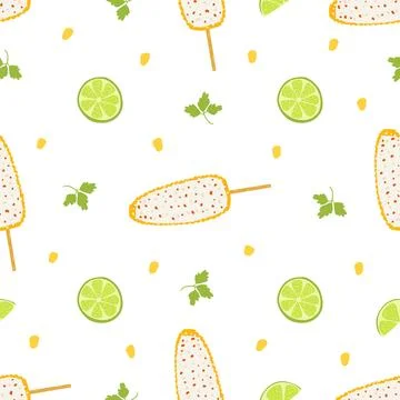 Seamless pattern with elote dish. Traditional Mexican food, folk cuisine. Vector Stock Illustration