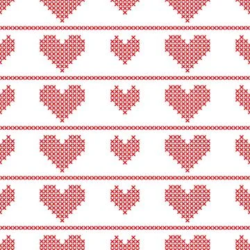 Seamless pattern with embroided hearts on white background Stock Illustration