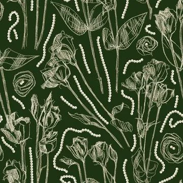 Seamless pattern embroidery eustoma linear flowers with beads イラスト素材