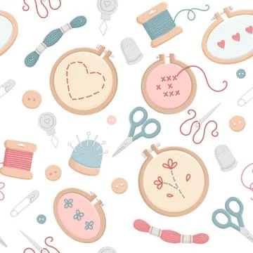 Seamless pattern with embroidery, needle and pin Stock Illustration