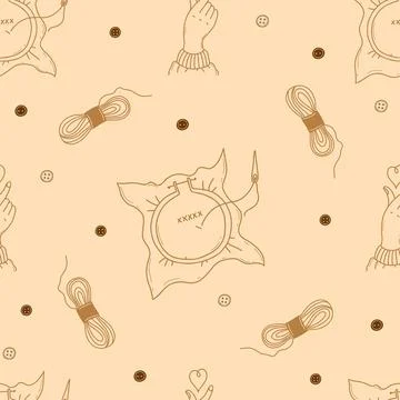 Seamless pattern embroidery, threads and heart hand gesture on light yellow Illustrazione stock