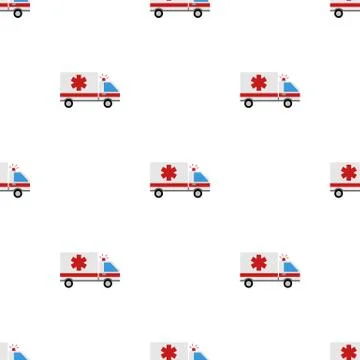 Seamless pattern with emergency ambulance on white background. Vector. Stock Illustration