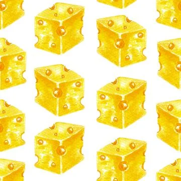 Seamless pattern of Emmental cheese dice, hand drawn watercolor isolated Stock-Illustration