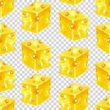 Seamless pattern of Emmental cheese dice, hand drawn watercolor isolated Stock Illustration