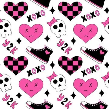Seamless pattern with emo elements. Y2k style. Hearts in chessboard 스톡 일러스트