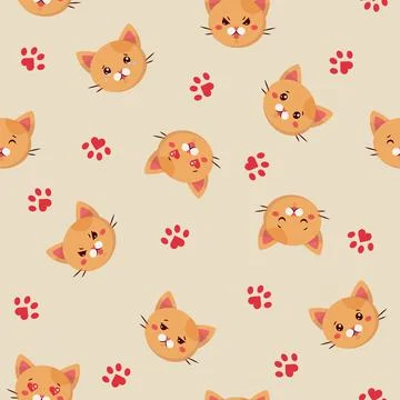 Seamless pattern of emoji ginger cats on light backgound. Stock Illustration