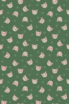 Seamless pattern of emoji gray cats on green backgound. Stock Illustration