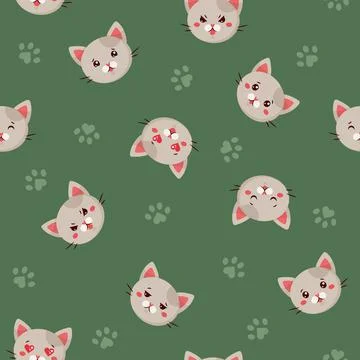 Seamless pattern of emoji gray cats on green backgound. Stock Illustration