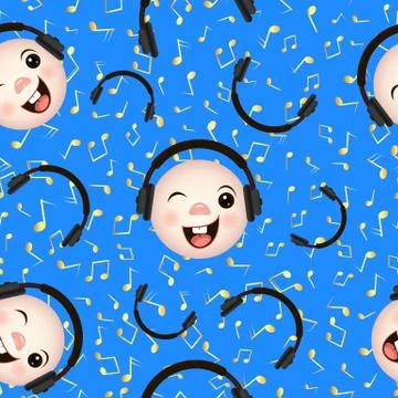 Seamless pattern emoticons with headphones. Vector pattern. Stock Illustration
