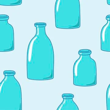 Seamless pattern with empty milk bottles. Hand-drawn style. Stock Illustration