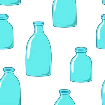 Seamless pattern with empty milk bottles. Hand-drawn style. Stock Illustration