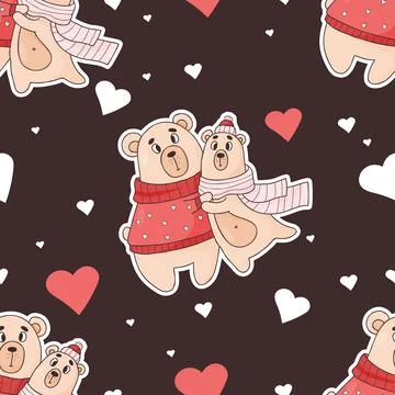 Seamless pattern with enamored bears on black background with hearts. Vecto.. Stock Illustration