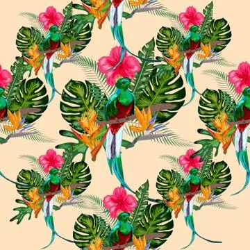 Seamless pattern of endangered species of birds Magnificent resplendent quetz Stock Illustration