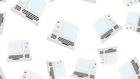 Seamless pattern endless computer with old retro computers, vintage white h.. Stock Illustration