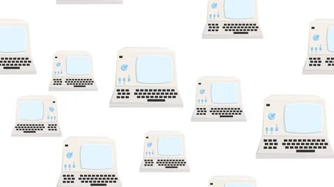 Seamless pattern endless computer with old retro computers, vintage white h.. Stock Illustration