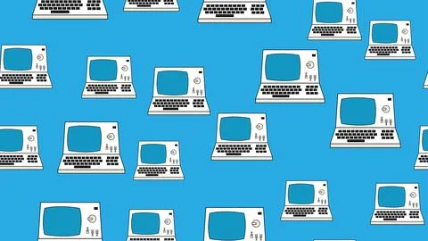 Seamless pattern endless computer with old retro computers, vintage white h.. Stock Illustration