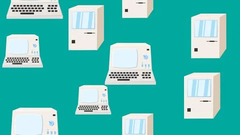 Seamless pattern endless computer with old retro computers, vintage white h.. Stock Illustration