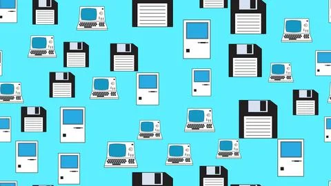 Seamless pattern endless computer with old retro computers, pc and vintage .. Stock Illustration