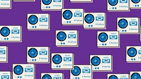 Seamless pattern endless with music audio cassette old retro tape recorders.. Illustrazione stock