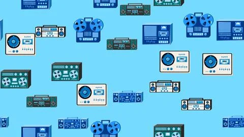 Seamless pattern endless with music audio cassette old retro tape recorders.. Stock Illustration