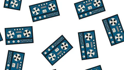 Seamless pattern endless with music audio cassette old retro tape recorders.. Stock Illustration