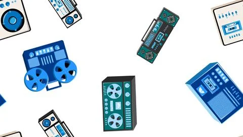 Seamless pattern endless with music audio cassette old retro tape recorders.. Stock Illustration