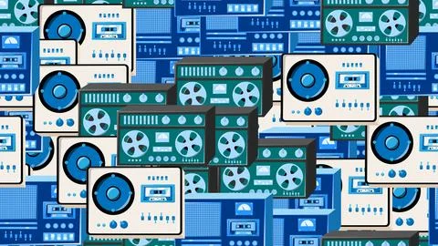 Seamless pattern endless with music audio cassette old retro tape recorders.. Stock Illustration