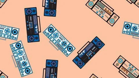 Seamless pattern endless with music audio cassette old retro tape recorders.. Stock Illustration