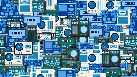 Seamless pattern endless with music audio tech electronics equipment old re.. Stock Illustration