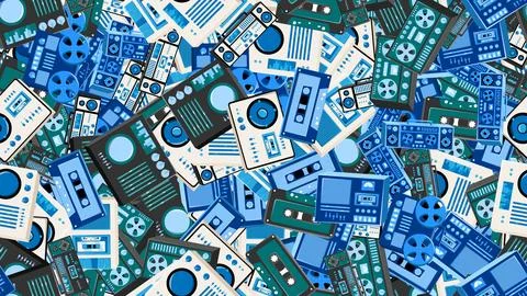 Seamless pattern endless with music audio tech electronics equipment old re.. Stock Illustration