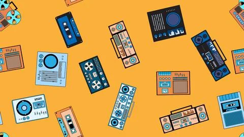 Seamless pattern endless with music audio tech electronics equipment old re.. Stock Illustration