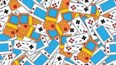 Seamless pattern endless with portable game consoles and joysticks, electro.. Illustrazione stock