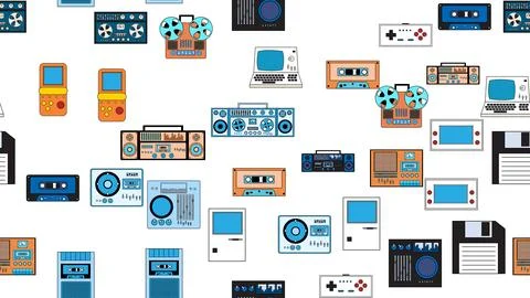 Seamless pattern endless with tech electronics equipment old retro vintage .. Stock Illustration
