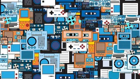 Seamless pattern endless with tech electronics equipment old retro vintage .. Stockillustratie