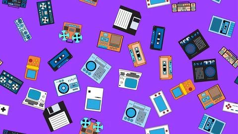 Seamless pattern endless with tech electronics equipment old retro vintage .. Stock Illustration