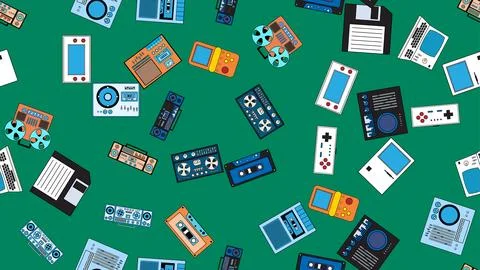 Seamless pattern endless with tech electronics equipment old retro vintage .. Stockillustratie