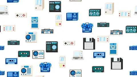 Seamless pattern endless with tech electronics equipment old retro vintage .. イラスト素材