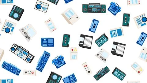 Seamless pattern endless with tech electronics equipment old retro vintage .. Illustrazione stock