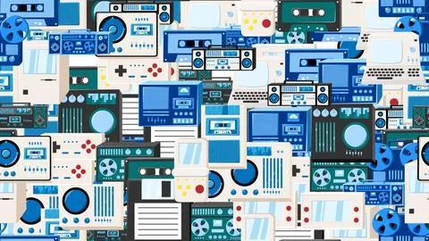 Seamless pattern endless with tech electronics equipment old retro vintage .. Stock Illustration