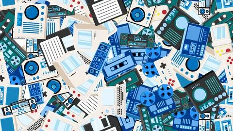 Seamless pattern endless with tech electronics equipment old retro vintage .. 库存插图