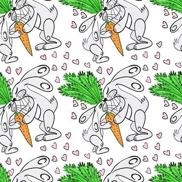 Seamless pattern, endless texture on a square background - sweet hares with c Illustrazione stock