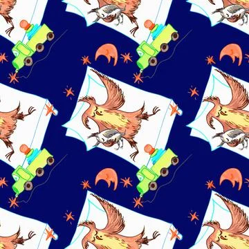 Seamless pattern, endless texture on a square background - On the bed sleep o 스톡 일러스트