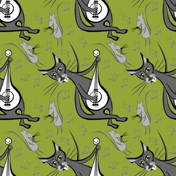 Seamless pattern, endless texture on a square background - cat with guitar an Stock Illustration