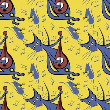 Seamless pattern, endless texture on a square background - cat with guitar an Stock Illustration