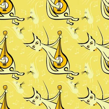 Seamless pattern, endless texture on a square background - cat with guitar an 스톡 일러스트