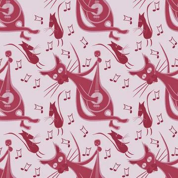 Seamless pattern, endless texture on a square background - cat with guitar an Stock Illustration